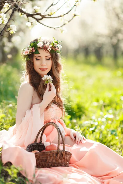 Mujer embarazada en el jardín de primavera con una cesta de manzanas maduras . — Foto de Stock