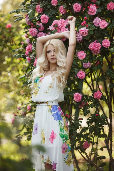 Schöne Frau im Sommerpark in der Nähe des Busches blühende Rosen — Stockfoto