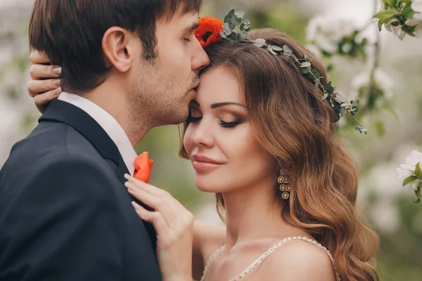 Brudgummen kyssar bruden i den blomstrande parken under våren. — Stockfoto