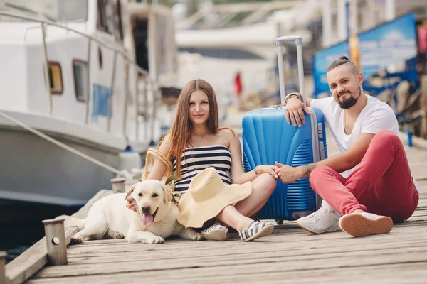 Couple in love at the pier before sailing to travel