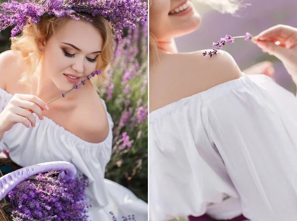 Beautiful woman in a field of blossoming lavender — 图库照片