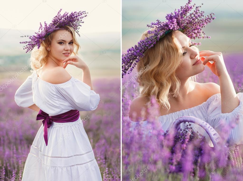 Beautiful woman in a field of blossoming lavender