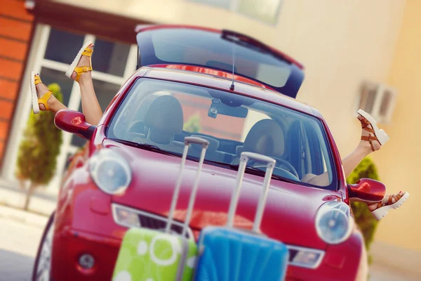 Girls - travelers relaxing in the car — Stock Photo, Image