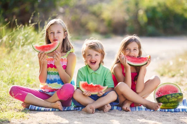 Three happy smiling child eating watermelon in park — Stock Photo, Image