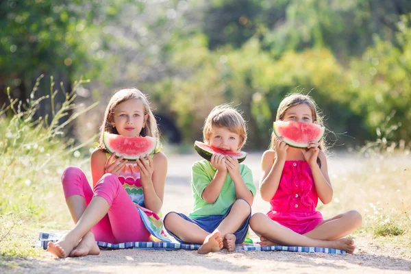 Three happy smiling child eating watermelon in park — Stock Photo, Image