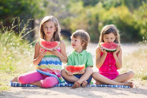 Trois heureux souriant enfant manger pastèque dans le parc — Photo