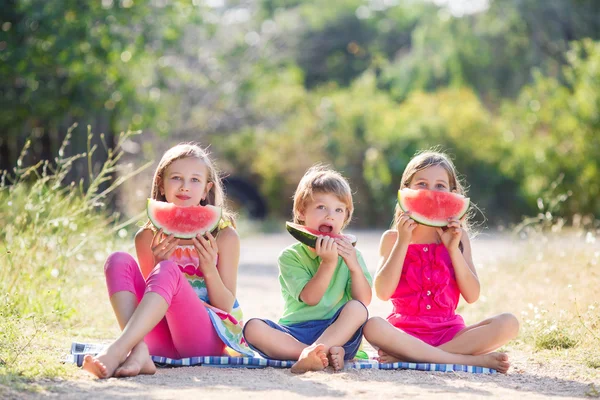 Trois heureux souriant enfant manger pastèque dans le parc — Photo