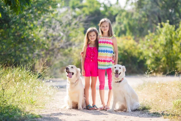 Две сестры и прогулка с собаками в зеленом парке летом . — стоковое фото
