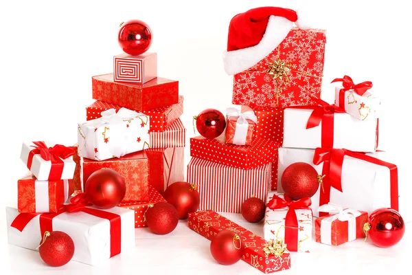 Gift boxes and christmas balls,Isolated on white. — Stock Photo, Image