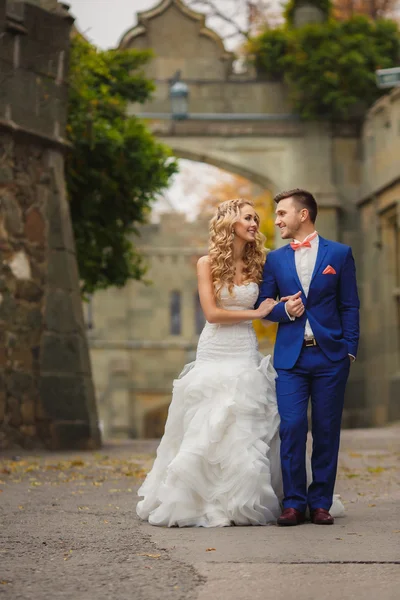 Pasangan pengantin yang cantik, pengantin pria dan wanita yang bahagia di alam . — Stok Foto