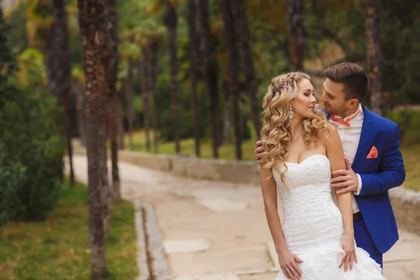 Hermosa pareja de boda, novia feliz y novio en la naturaleza . — Foto de Stock