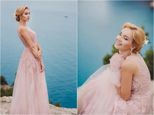 Braut im Brautkleid steht auf einer Klippe mit schönem Meerblick von oben — Stockfoto