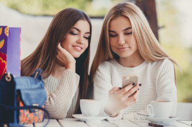 Two young women at cafe looking at pictures of new gadgets