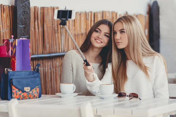 Selfie in a cafe two nice girlfriends. — Stok fotoğraf