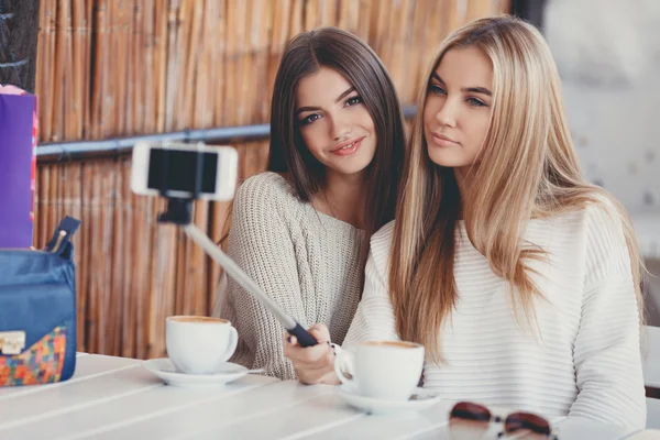 Selfie in a cafe two nice girlfriends. — Stok fotoğraf