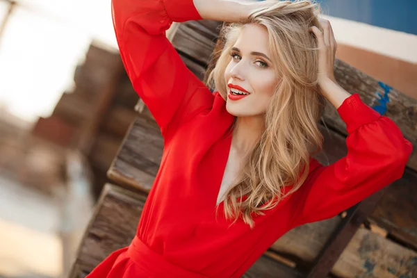 Portrait of beautiful women in old dock — Stok fotoğraf