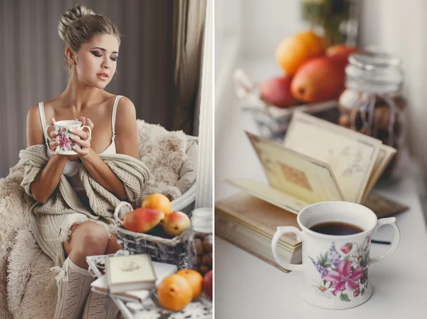 Portréja egy modell, ül egy széken, egy csésze tea a kezében — Stock Fotó