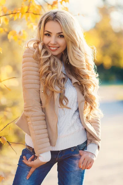 Retrato de bela jovem mulher andando ao ar livre no outono — Fotografia de Stock
