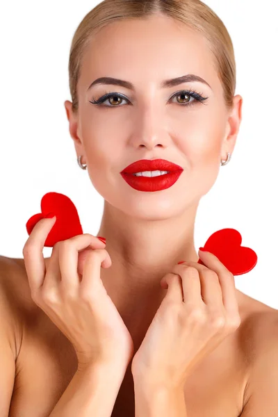 Beautiful gorgeous woman with glamour bright makeup and red heart — Stock Photo, Image