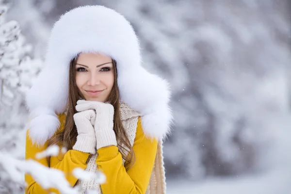 Schönes Winterporträt einer jungen Frau in der verschneiten Winterlandschaft — Stockfoto