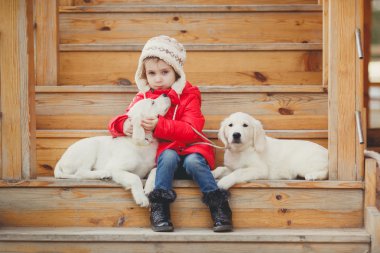 Küçük bir kız ile iki köpek yavrusu Golden Retriever.