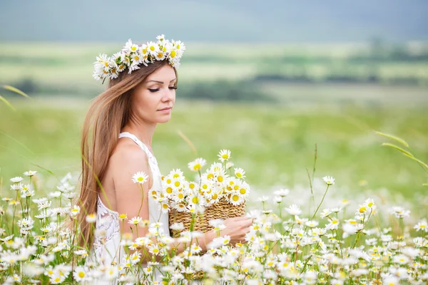 Hermosa joven en un campo de margaritas florecientes —  Fotos de Stock