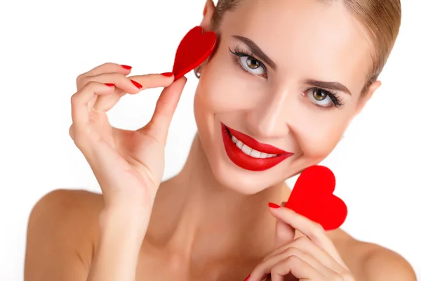 Beautiful gorgeous woman with glamour bright makeup and red heart — Stock Photo, Image