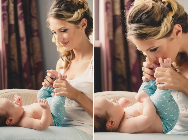 Porträt einer jungen Mutter und ihres neugeborenen Sohnes zu Hause — Stockfoto