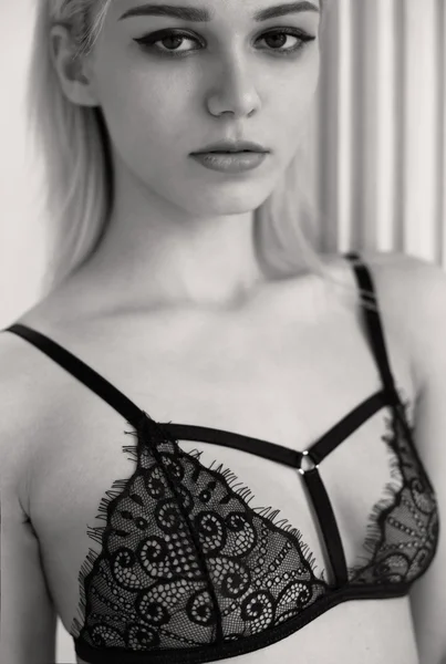 Portrait of a girl in luxury bra monochrome shot — Stock Photo, Image