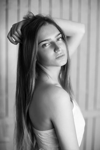 Monochrome portrait of long-haired girl — Stock Photo, Image