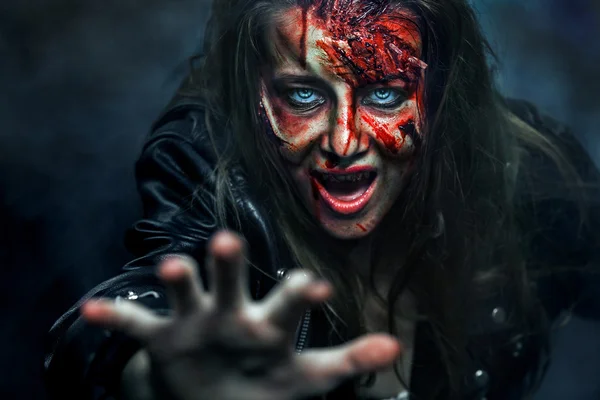Close-up portrait of horrible zombie woman. Horror. Halloween — Stock Photo, Image