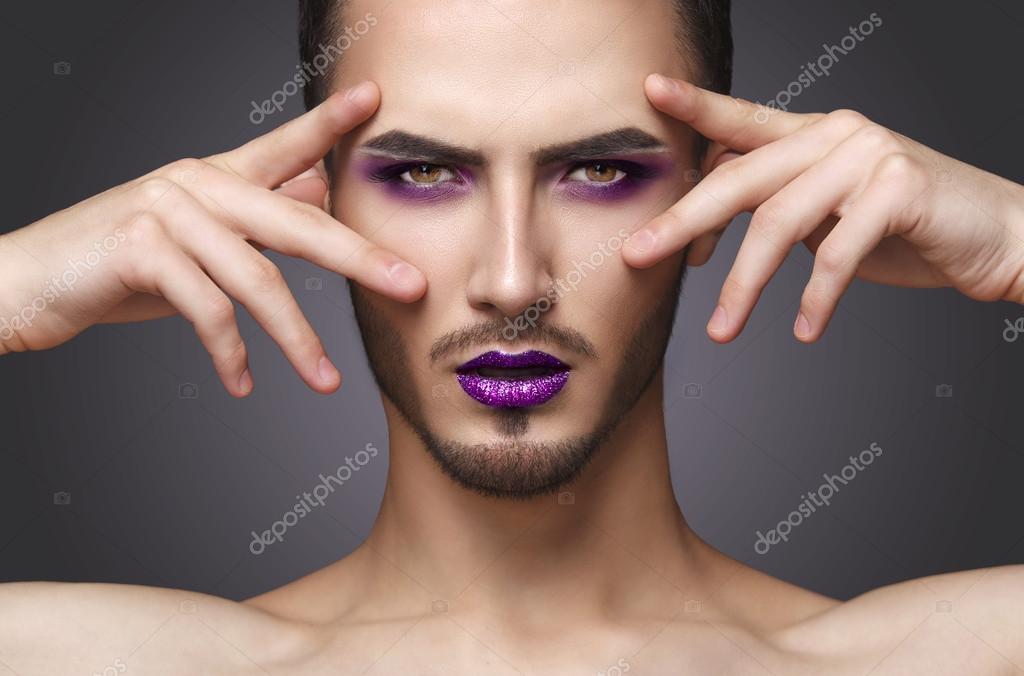 Pretty sensual fashion with art makeup beard. Stock Photo by 121435494