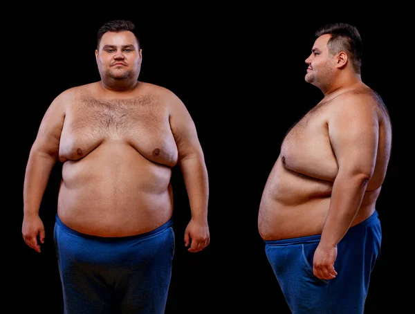 Zwei Ansichten des jungen, hemdlosen dicken Mannes: Front- und Profilaufnahme, isoliert auf schwarzem Hintergrund — Stockfoto