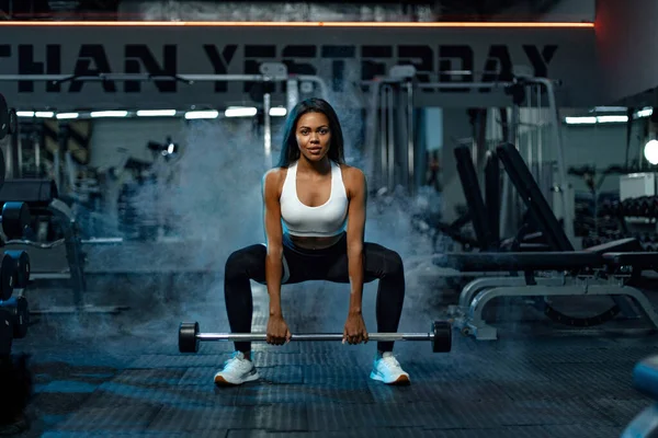 Muscular jovem fitness esportes mulher treino com barra no ginásio de fitness. — Fotografia de Stock