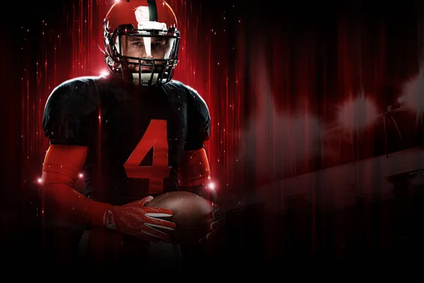 American Football-Spieler, Sportler mit rotem Helm auf schwarzem Hintergrund. Sportplakat. Tapete zur Motivation. — Stockfoto