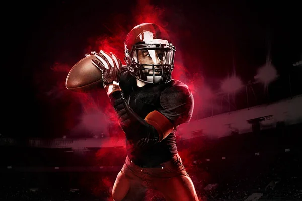 American Football-Spieler, Sportler mit rotem Helm auf Stadionhintergrund. Sport und Motivation. — Stockfoto