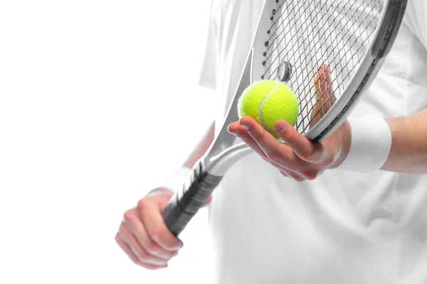 Tennis player with racket in white costume. Man athlete playing isolated on light background. — Stock Photo, Image