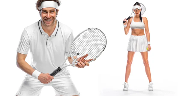 Jogo de duplas mistas de tênis. Dois jogadores de ténis com raquete de fato branco. Homem e mulher atleta jogando isolado no fundo de luz. — Fotografia de Stock