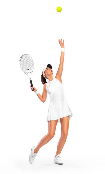 Jugador de tenis con raqueta en traje deportivo. Mujer atleta jugando aislado sobre fondo blanco. — Foto de Stock