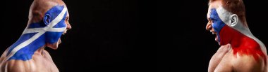 8. Maç İskoçya ile Çek Cumhuriyeti arasında. Yüzünde bayrak olan futbol ya da futbol atleti. Kopyalama alanı ile spor kavramı.