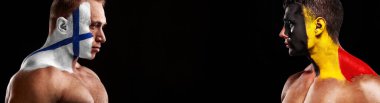 Maç 28 Finlandiya 'ya karşı Belçika. Yüzünde bayrak olan futbol ya da futbol atleti. Kopyalama alanı ile spor kavramı.