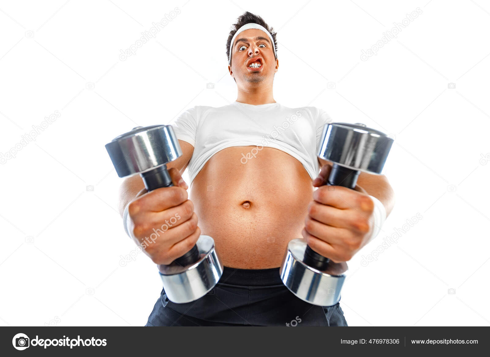 Fat man doing workout traning with dumbbells. Happy guy isolated