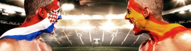 42. Maç Hırvatistan İspanya 'ya karşı. Yüzünde bayrak olan futbol ya da futbol atleti. Kopyalama alanı ile spor kavramı.