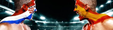 42. Maç Hırvatistan İspanya 'ya karşı. Yüzünde bayrak olan futbol ya da futbol atleti. Kopyalama alanı ile spor kavramı.