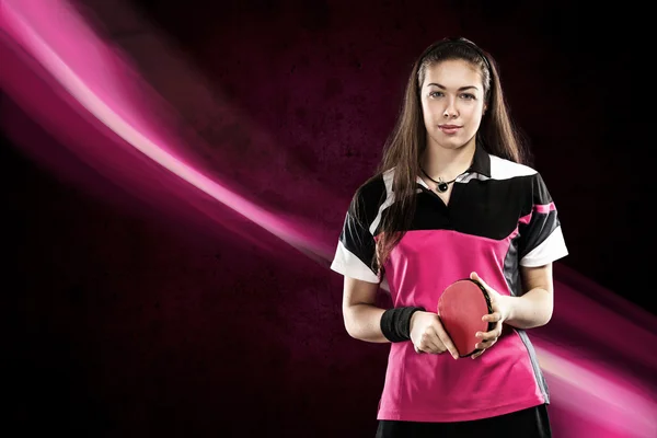 Portrait of Young Girl with Racket for ping-pong on pink Background — Stock Photo, Image