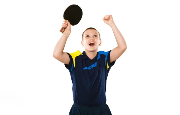 Niño celebrando una victoria impecable en el tenis de mesa aislado —  Fotos de Stock