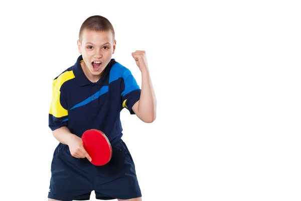 Little boy celebrating flawless victory in table tennis isolated — Stock Photo, Image