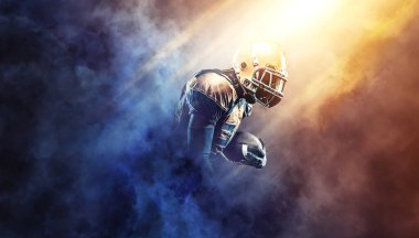 Amerikan futbolcu afişi. Amerikan futbolu temalı fotokopi alanı olan bir spor dergisinin şablonu. Bahis reklamları için bir model.