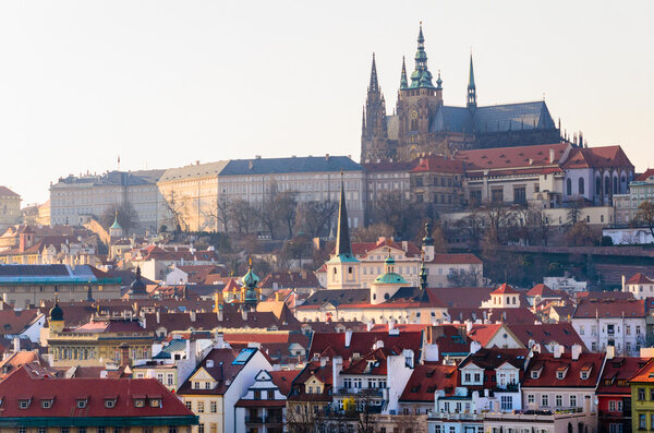 Sunset view of Prague castle and old town, Czech Republic