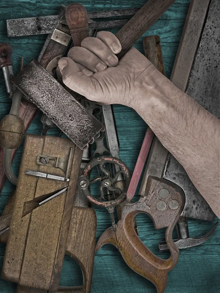 Vintage woodworking tools on wooden bench — Stock Photo, Image